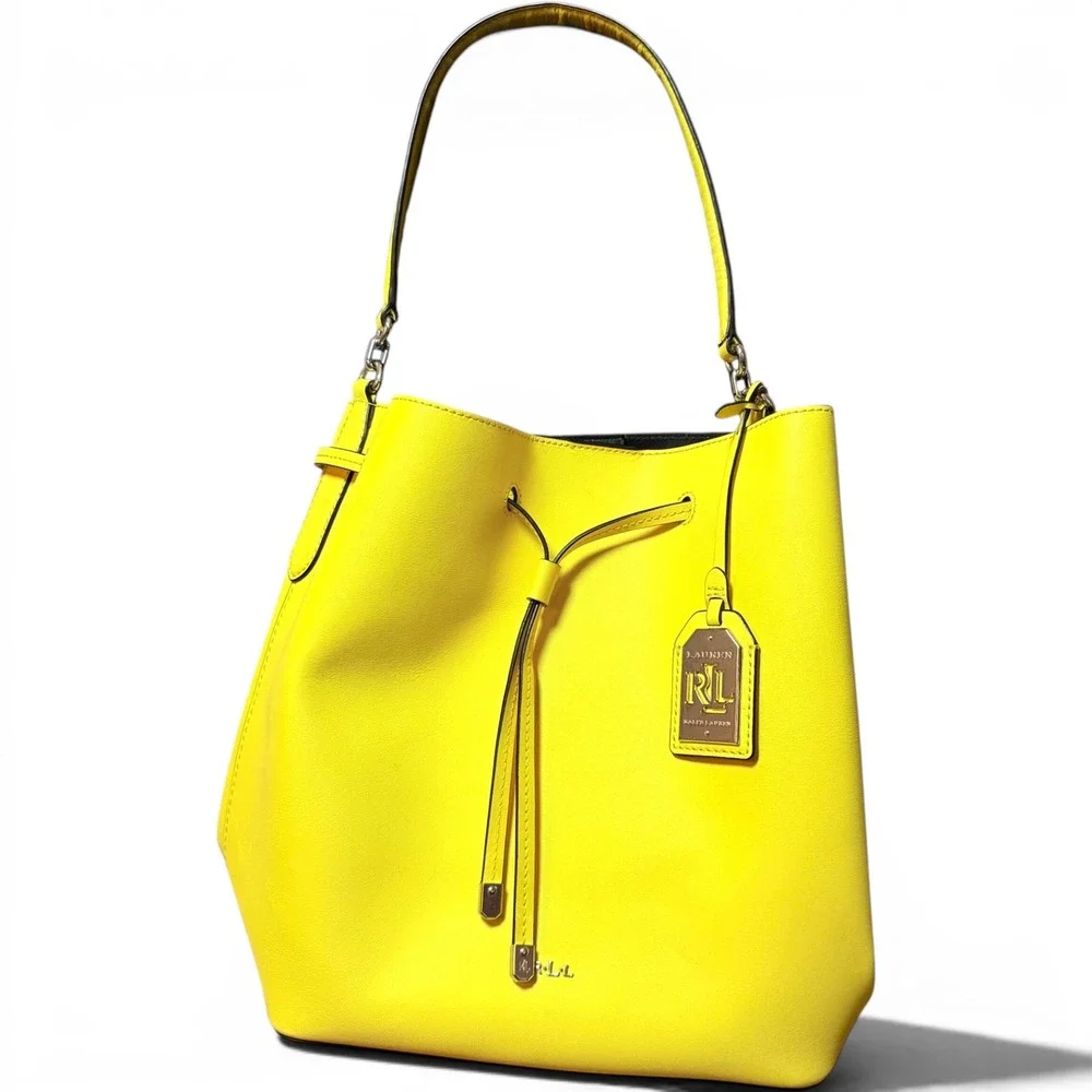 NEW Lauren Ralph Lauren Debby 100% Leather Drawstring Bucket Bag Purse Dandelion